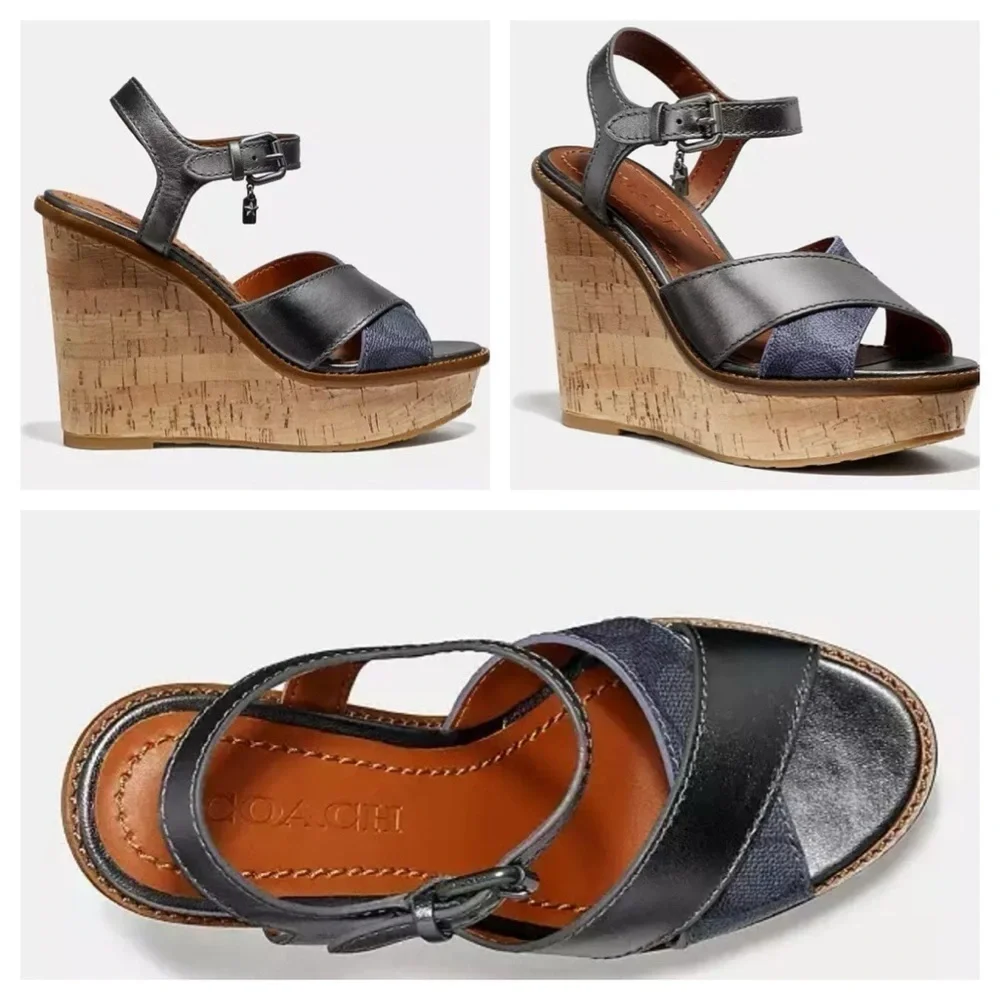 Coach Cross Band High Wedge Sandal size 8.5 B silver/tan